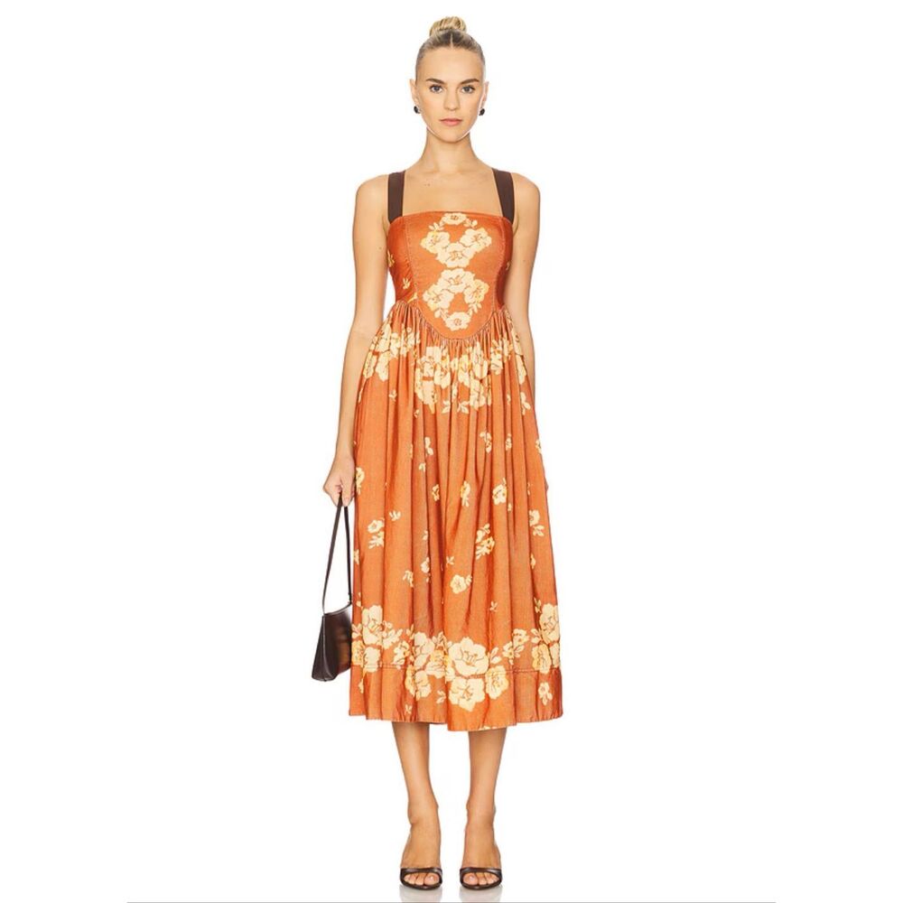 Free People Until Dawn Midi Dress in Cinnamon Combo Medium $228